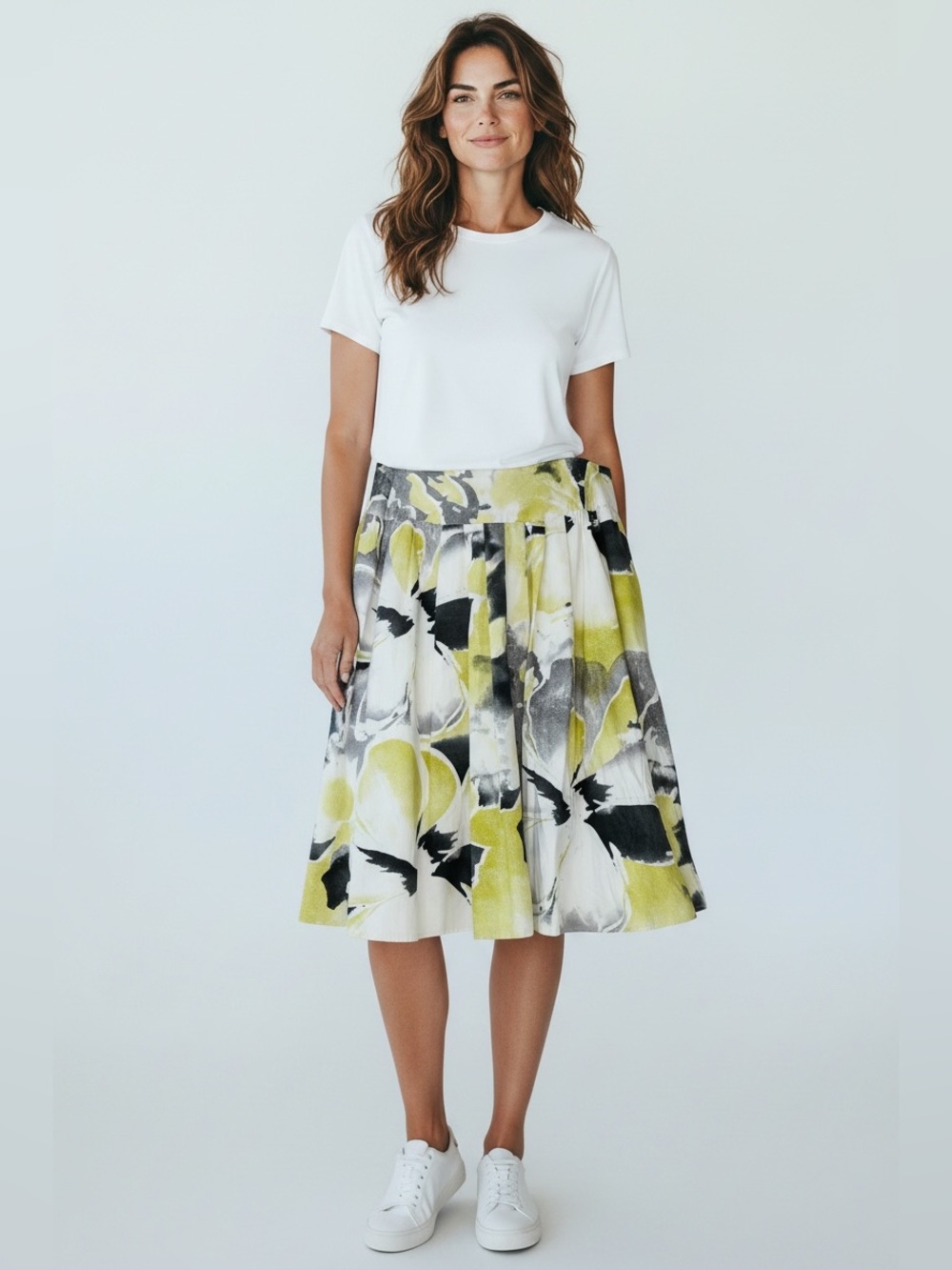 Worthington Yellow, Black & White Floral A-Line Skirt